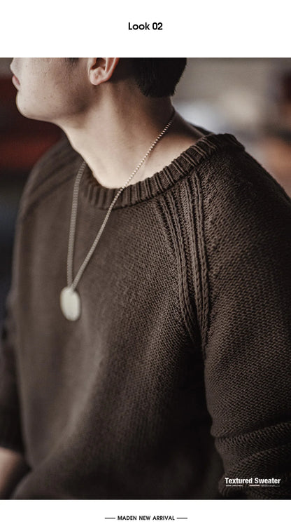 Maden New Vintage Heavyweight Knitted Crew-neck Sweater Brown Warm Pullover Men's Versatile Top for Autumn and Winter Knitwear