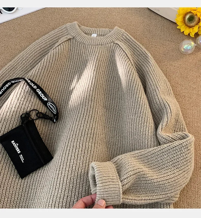 Sweaters Trend 2025 Mans Autumn Winter Solid Color Splicing Loose O Neck Oversize Pullover New Man Motion Clothes