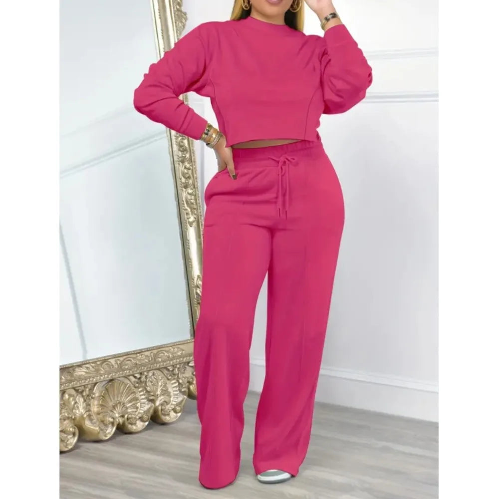 2piece Women's Autumn Hoodie Long Pants Set Fashion Ultra Short Top Elastic Waist Lace-up Wide-leg Long Pants Casual Female Suit