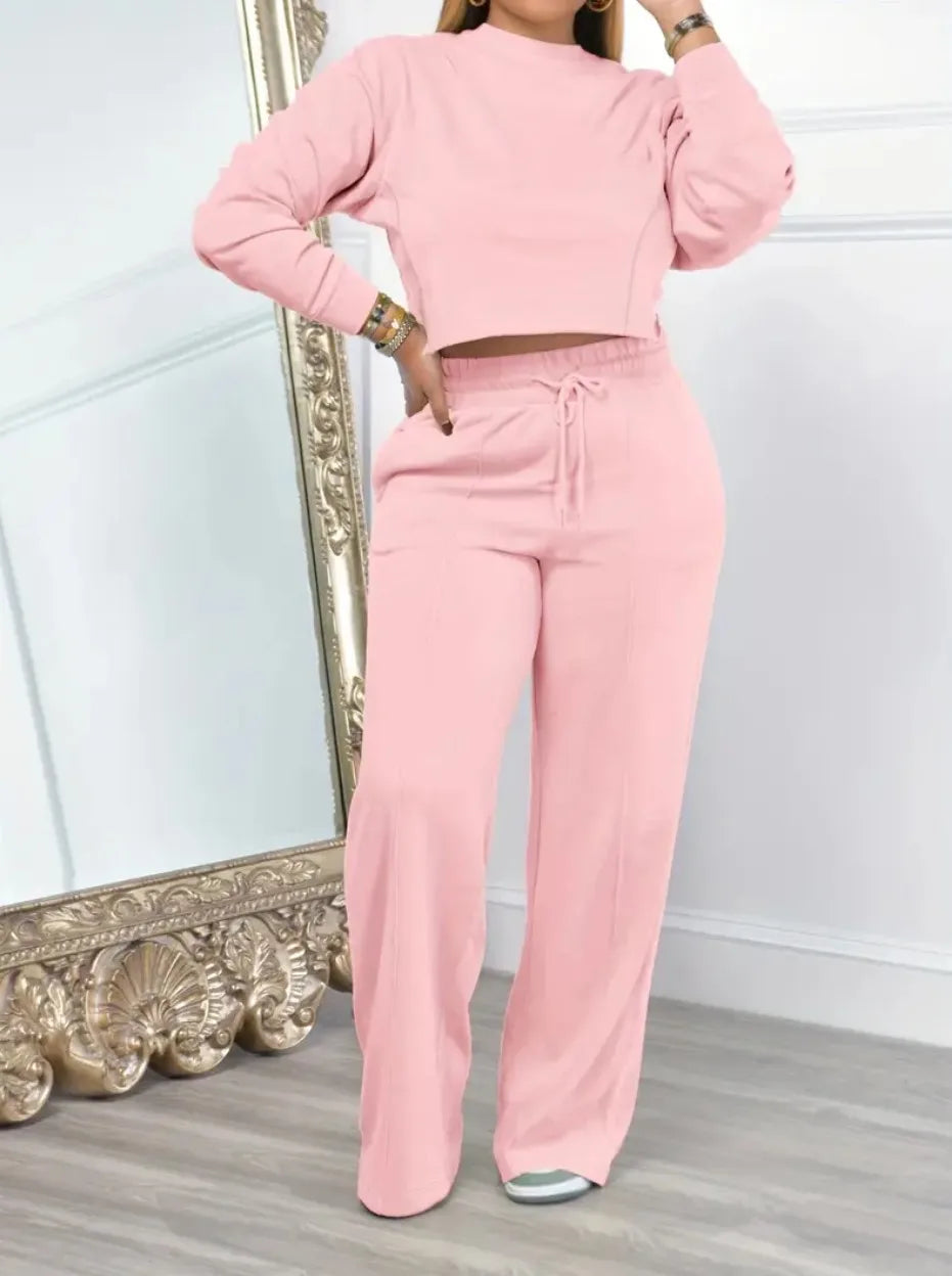 Two Piece Sets Women Pant Set Casual Loose Matching Sets Tops Wide Leg Long Pants Lace Up High Waist 2025 Y2k Streetwear