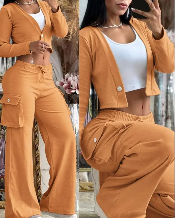 Women's Casual Two Piece Sets Spring Autumn Fashion Cardigan Long Sleeve Short Top Big Pocket Cargo Pants Sets 2024 Outifits