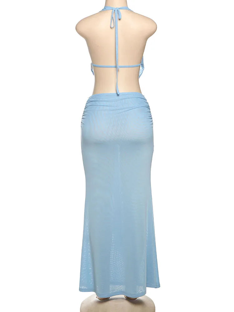 Nibber Vacation See Through Women 2 Piece Set Y2K Halter Swing Collar Seashell Tank Tops+Ruched Waist Skirts Midnight Clubwear