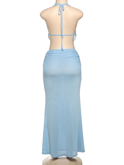 Nibber Vacation See Through Women 2 Piece Set Y2K Halter Swing Collar Seashell Tank Tops+Ruched Waist Skirts Midnight Clubwear