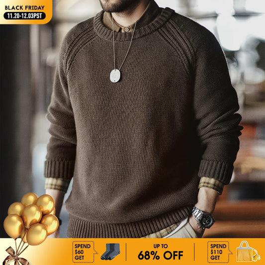 Maden New Vintage Heavyweight Knitted Crew-neck Sweater Brown Warm Pullover Men's Versatile Top for Autumn and Winter Knitwear