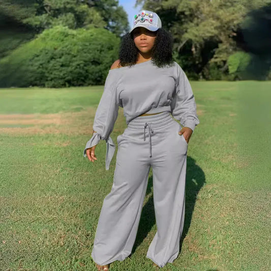 New Fashion Design Casual Ladies Europe Sexy Casual Fashion Large Size Solid Color Round Neck 2-piece Set Tracksuits