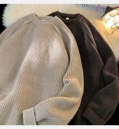 Sweaters Trend 2025 Mans Autumn Winter Solid Color Splicing Loose O Neck Oversize Pullover New Man Motion Clothes