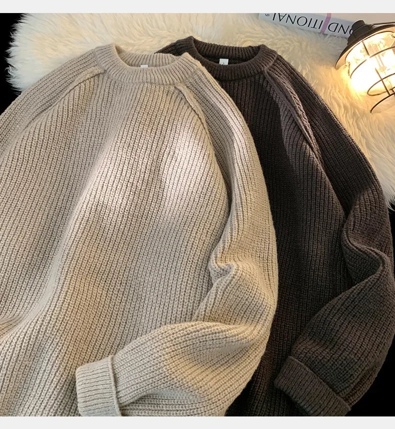 Sweaters Trend 2025 Mans Autumn Winter Solid Color Splicing Loose O Neck Oversize Pullover New Man Motion Clothes