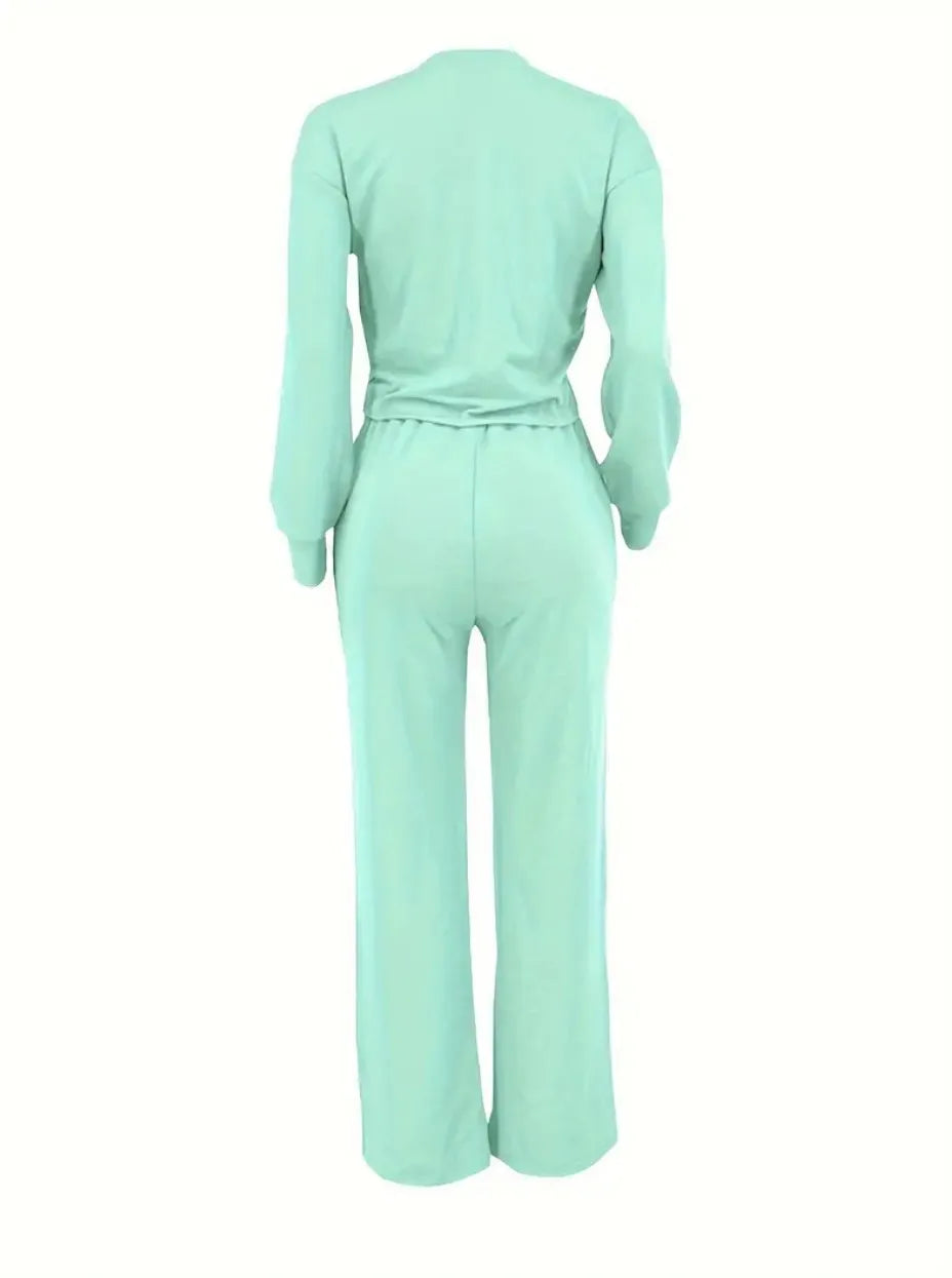 Two Piece Sets Women Pant Set Casual Loose Matching Sets Tops Wide Leg Long Pants Lace Up High Waist 2025 Y2k Streetwear