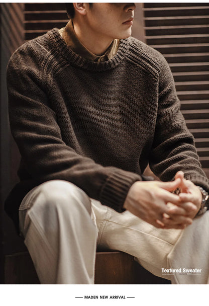 Maden New Vintage Heavyweight Knitted Crew-neck Sweater Brown Warm Pullover Men's Versatile Top for Autumn and Winter Knitwear
