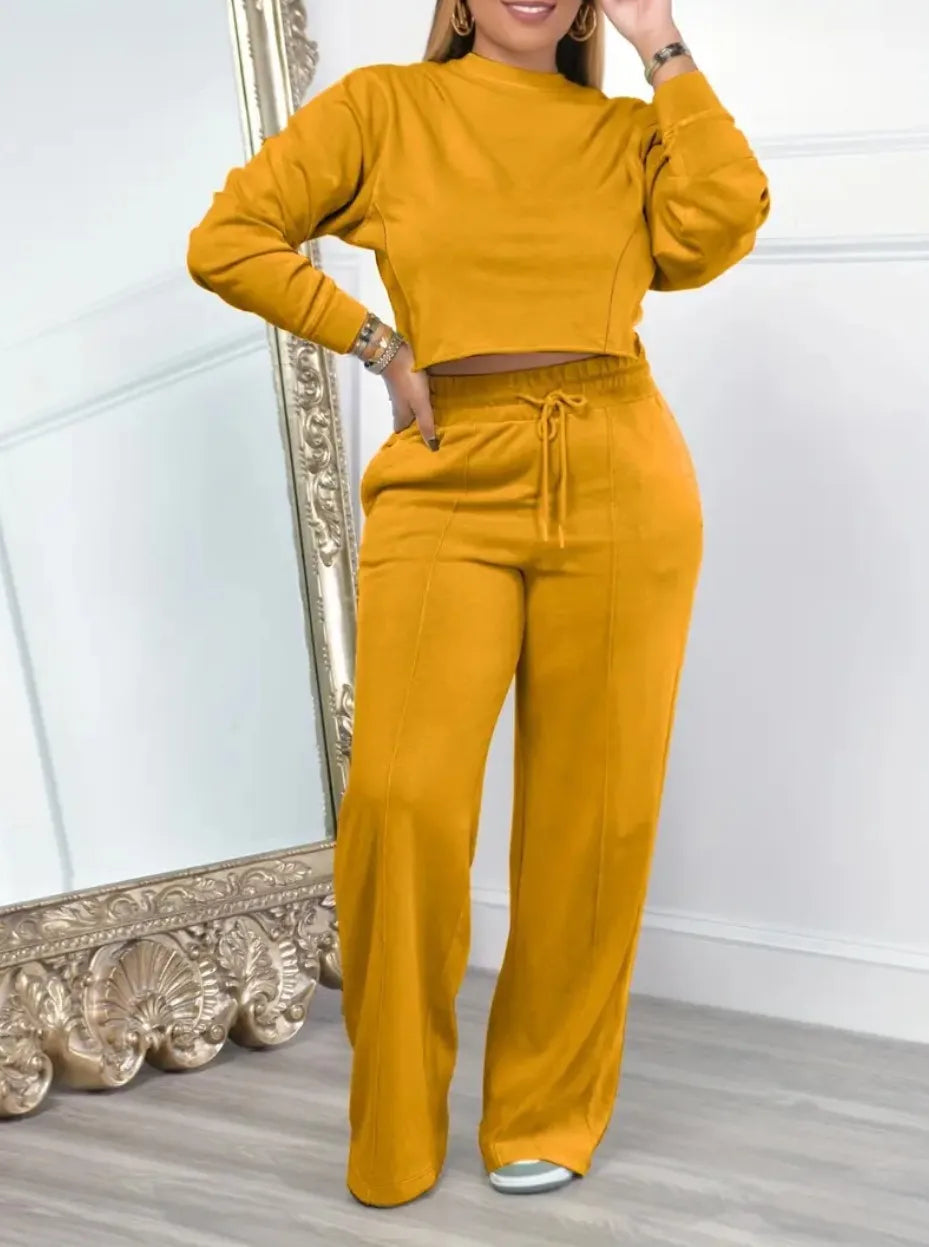 2piece Women's Autumn Hoodie Long Pants Set Fashion Ultra Short Top Elastic Waist Lace-up Wide-leg Long Pants Casual Female Suit