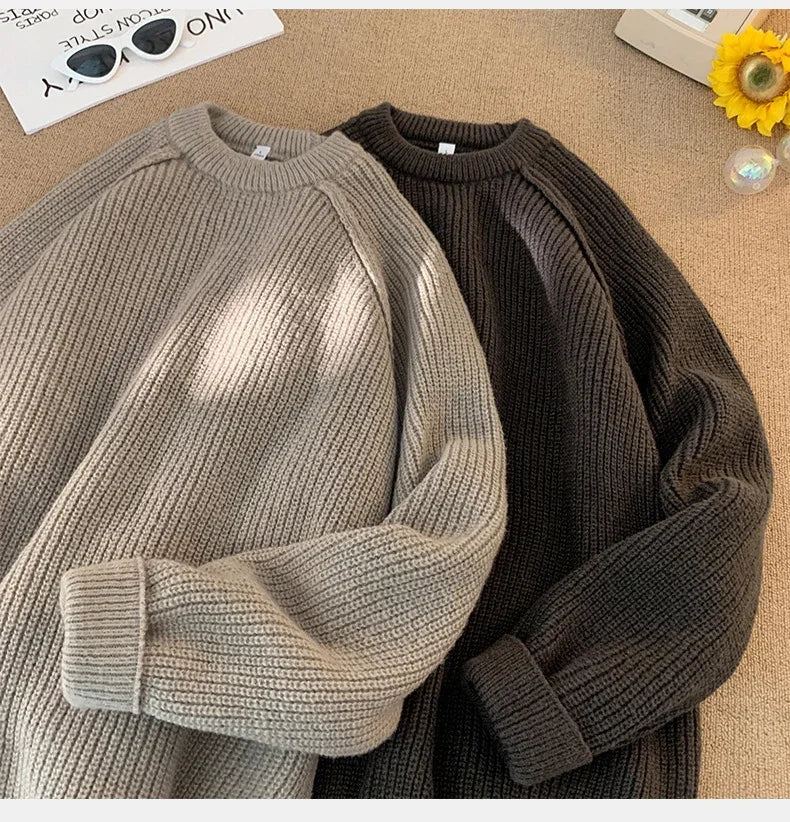 Sweaters Trend 2025 Mans Autumn Winter Solid Color Splicing Loose O Neck Oversize Pullover New Man Motion Clothes