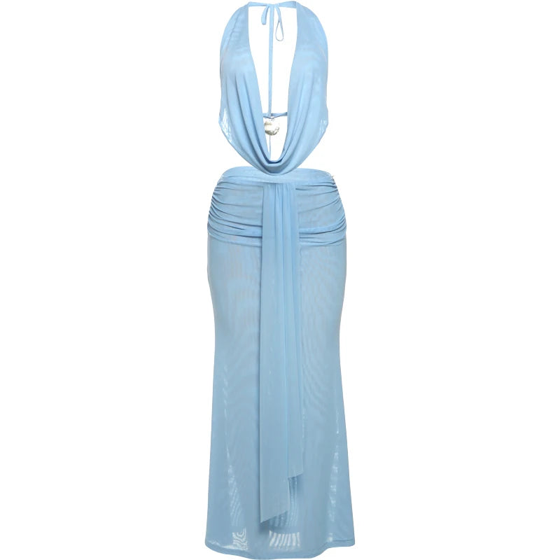 Nibber Vacation See Through Women 2 Piece Set Y2K Halter Swing Collar Seashell Tank Tops+Ruched Waist Skirts Midnight Clubwear