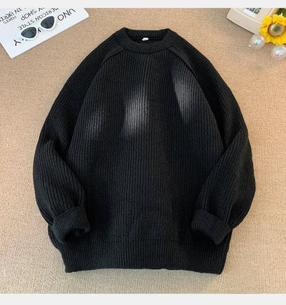 Sweaters Trend 2025 Mans Autumn Winter Solid Color Splicing Loose O Neck Oversize Pullover New Man Motion Clothes