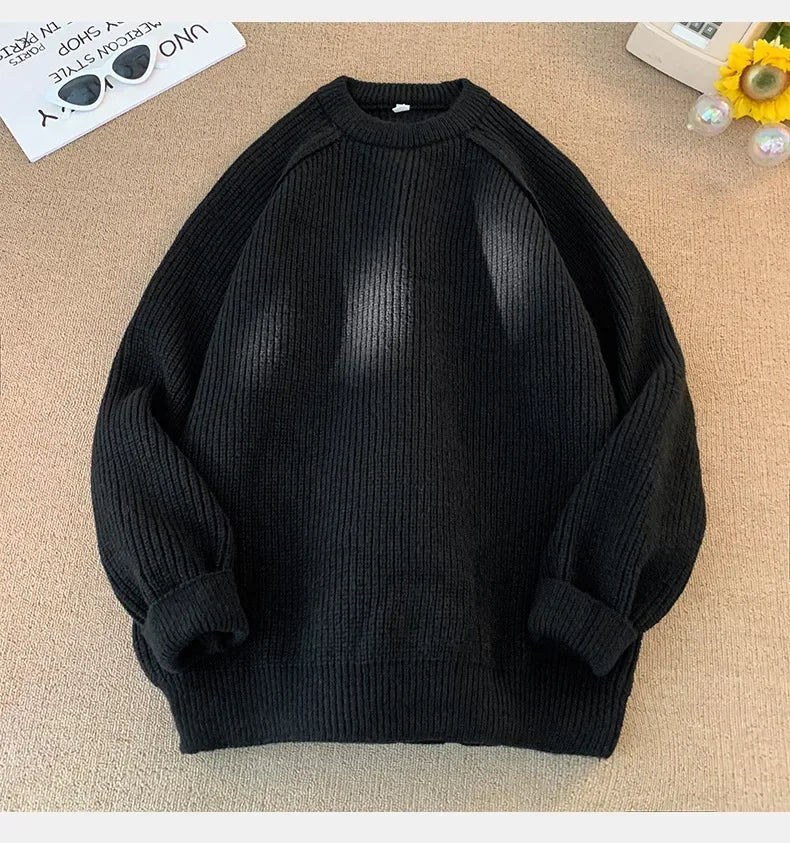 Sweaters Trend 2025 Mans Autumn Winter Solid Color Splicing Loose O Neck Oversize Pullover New Man Motion Clothes