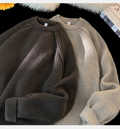 Sweaters Trend 2025 Mans Autumn Winter Solid Color Splicing Loose O Neck Oversize Pullover New Man Motion Clothes