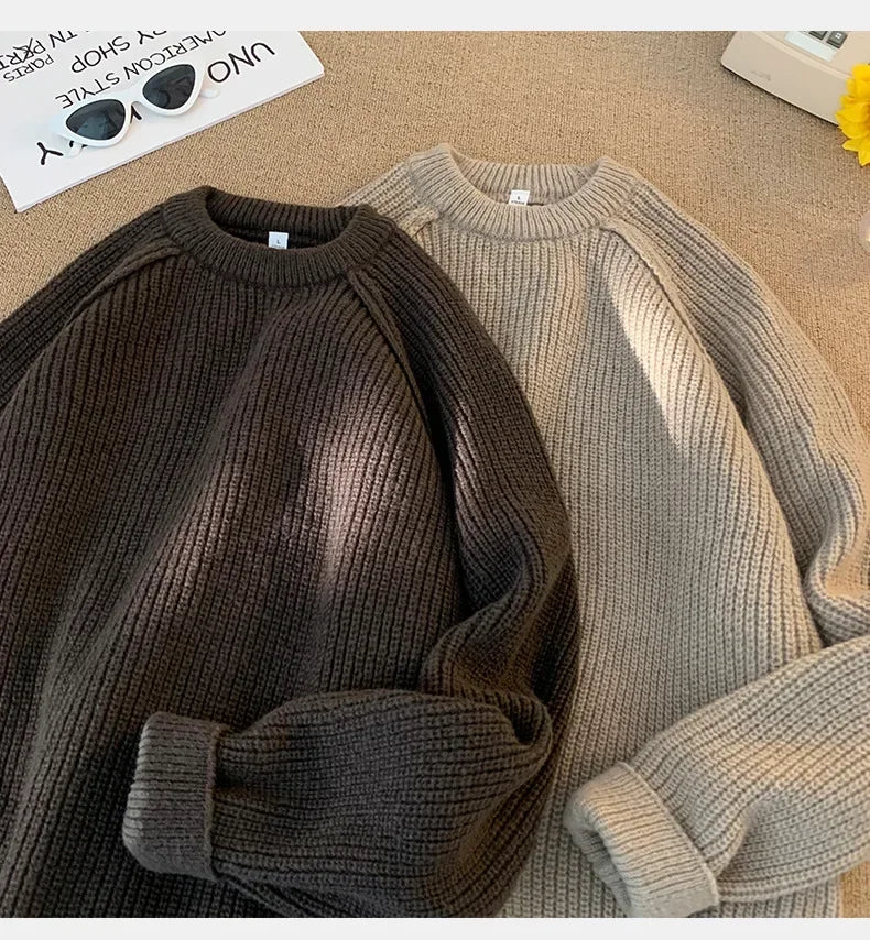 Sweaters Trend 2025 Mans Autumn Winter Solid Color Splicing Loose O Neck Oversize Pullover New Man Motion Clothes