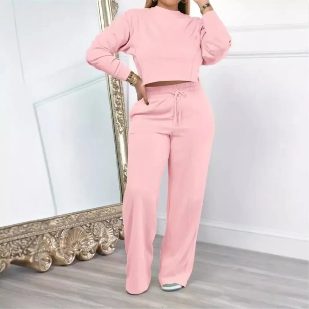 2piece Women's Autumn Hoodie Long Pants Set Fashion Ultra Short Top Elastic Waist Lace-up Wide-leg Long Pants Casual Female Suit