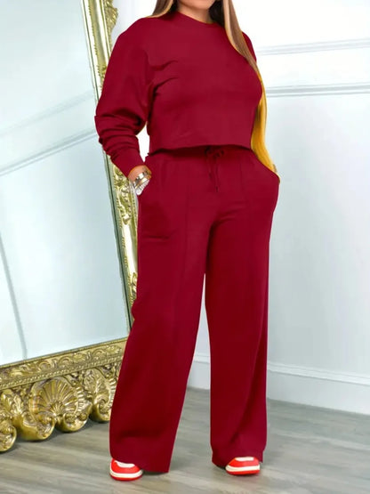 2piece Women's Autumn Hoodie Long Pants Set Fashion Ultra Short Top Elastic Waist Lace-up Wide-leg Long Pants Casual Female Suit