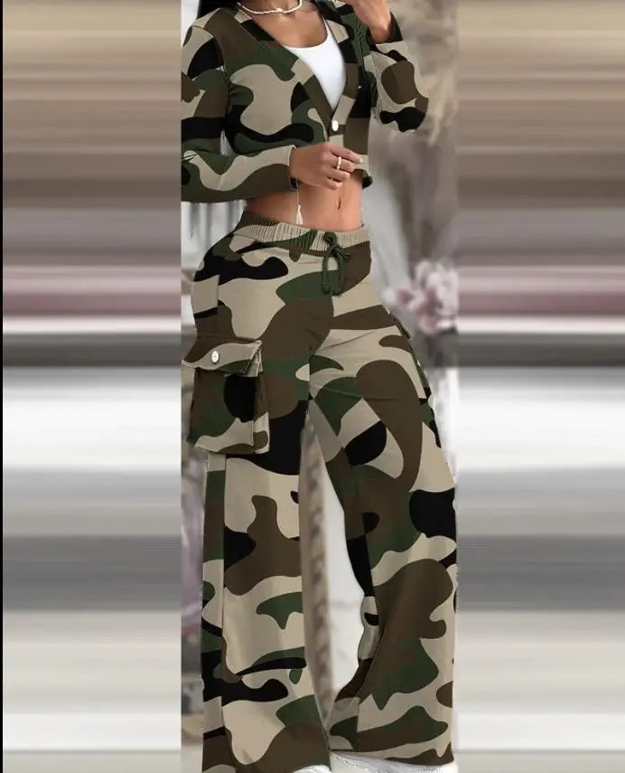 Women's Casual Two Piece Sets Spring Autumn Fashion Cardigan Long Sleeve Short Top Big Pocket Cargo Pants Sets 2024 Outifits