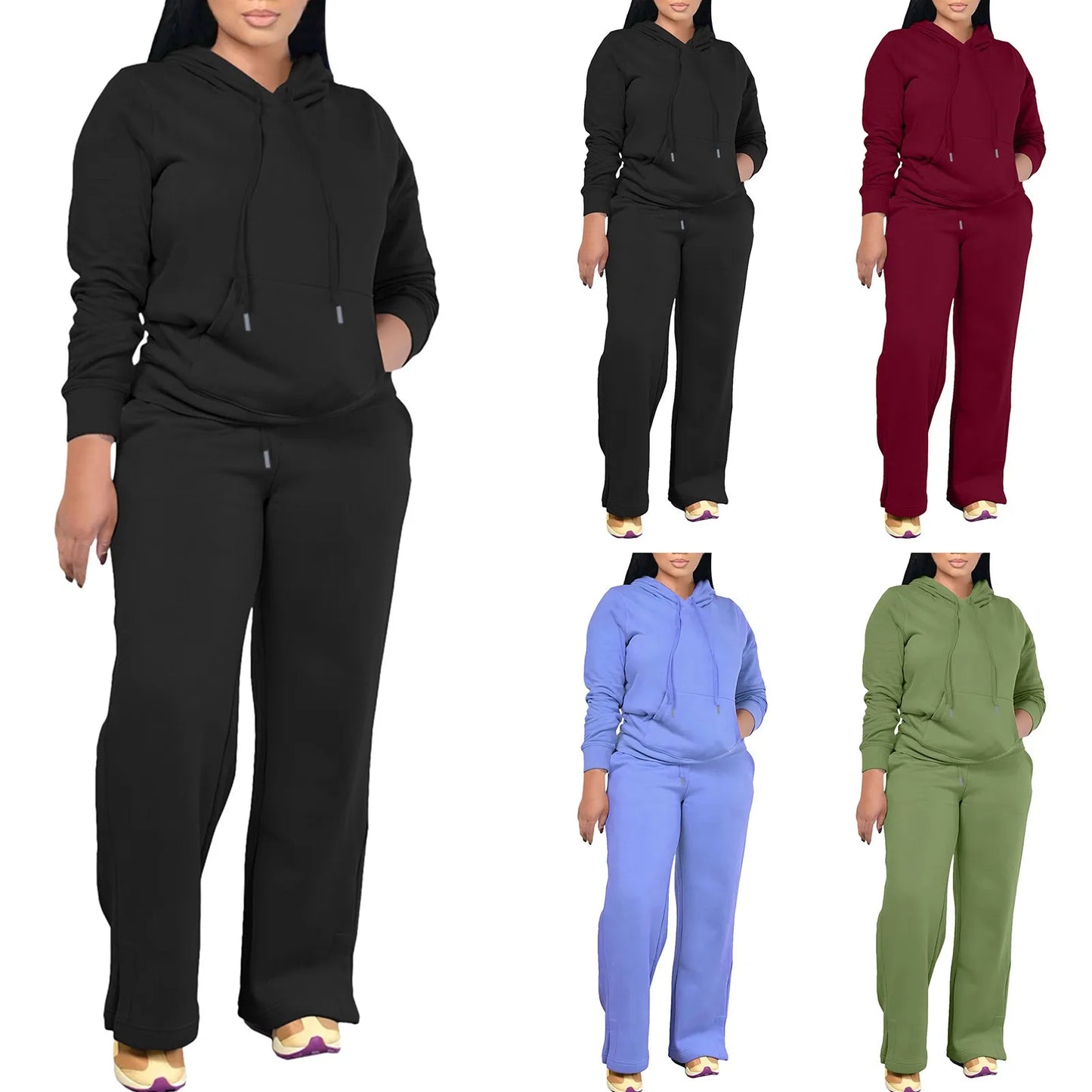 Women's Oversized Matching Sets Sweatsuit Drawstring Hooded Casual Solid Color Sweatshirt With Pant Sets Jogger Activewear