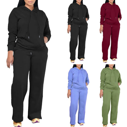 Women's Oversized Matching Sets Sweatsuit Drawstring Hooded Casual Solid Color Sweatshirt With Pant Sets Jogger Activewear
