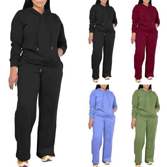 Women's Oversized Matching Sets Sweatsuit Drawstring Hooded Casual Solid Color Sweatshirt With Pant Sets Jogger Activewear