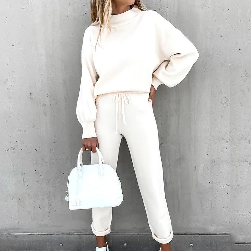 2025 Autumn and Winter Women's Sweater High Collar Casual Pure Color Trousers Two-piece Set