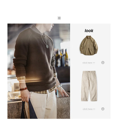 Maden New Vintage Heavyweight Knitted Crew-neck Sweater Brown Warm Pullover Men's Versatile Top for Autumn and Winter Knitwear
