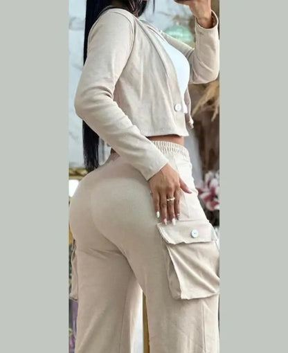 Women's Casual Two Piece Sets Spring Autumn Fashion Cardigan Long Sleeve Short Top Big Pocket Cargo Pants Sets 2024 Outifits