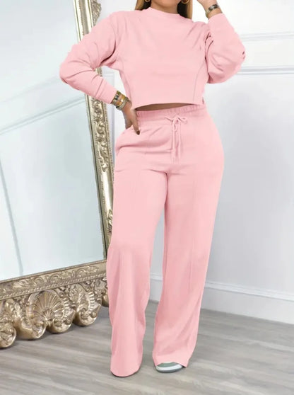 2piece Women's Autumn Hoodie Long Pants Set Fashion Ultra Short Top Elastic Waist Lace-up Wide-leg Long Pants Casual Female Suit