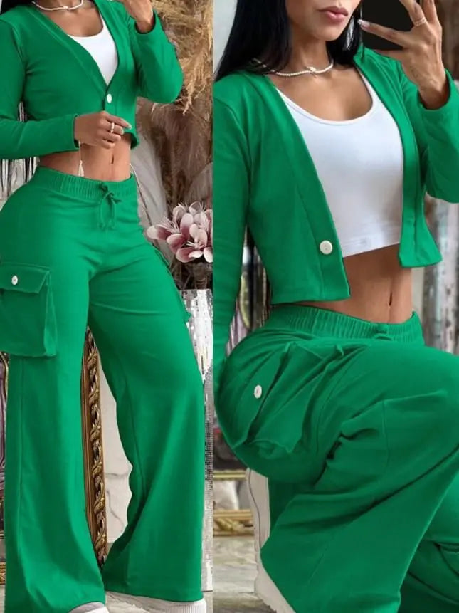 Women's Casual Two Piece Sets Spring Autumn Fashion Cardigan Long Sleeve Short Top Big Pocket Cargo Pants Sets 2024 Outifits