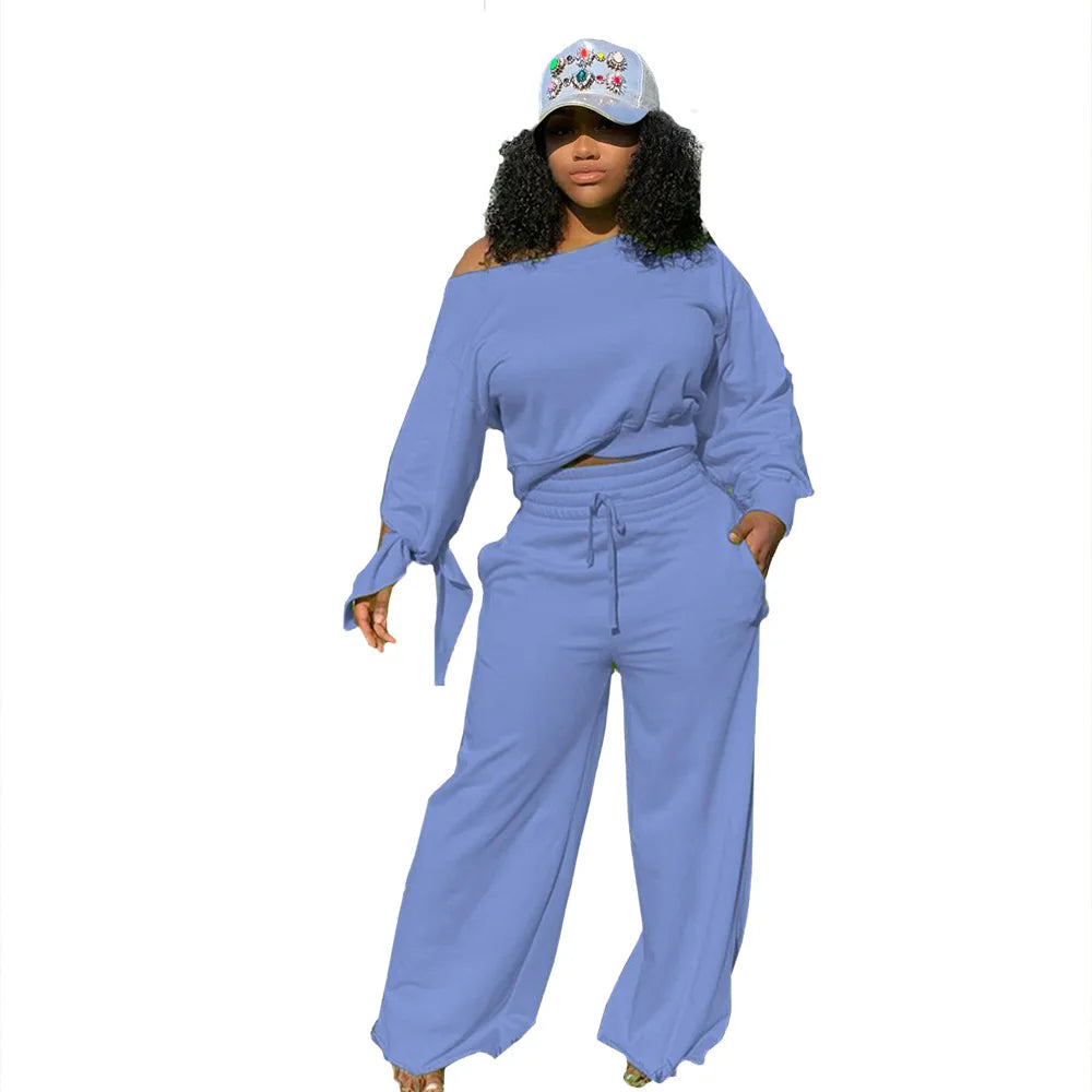 New Fashion Design Casual Ladies Europe Sexy Casual Fashion Large Size Solid Color Round Neck 2-piece Set Tracksuits