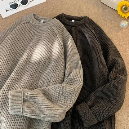 Sweaters Trend 2025 Mans Autumn Winter Solid Color Splicing Loose O Neck Oversize Pullover New Man Motion Clothes