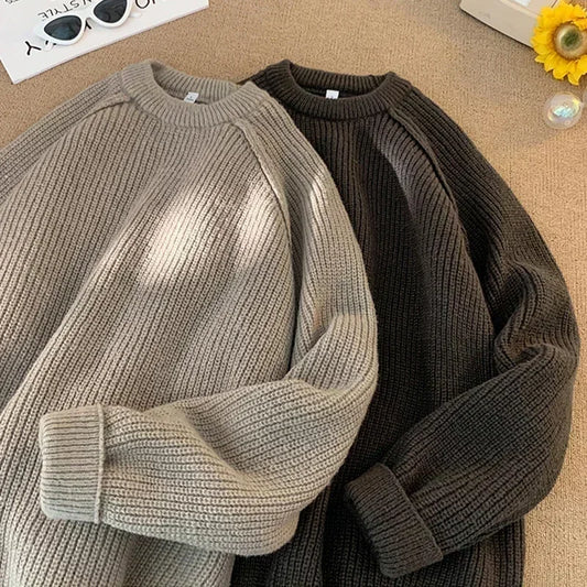 Sweaters Trend 2025 Mans Autumn Winter Solid Color Splicing Loose O Neck Oversize Pullover New Man Motion Clothes