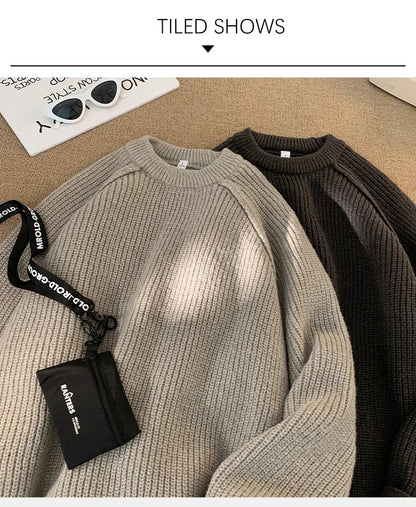 Sweaters Trend 2025 Mans Autumn Winter Solid Color Splicing Loose O Neck Oversize Pullover New Man Motion Clothes