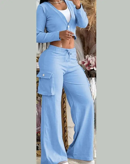 Women's Casual Two Piece Sets Spring Autumn Fashion Cardigan Long Sleeve Short Top Big Pocket Cargo Pants Sets 2024 Outifits