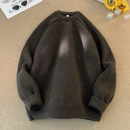 Sweaters Trend 2025 Mans Autumn Winter Solid Color Splicing Loose O Neck Oversize Pullover New Man Motion Clothes