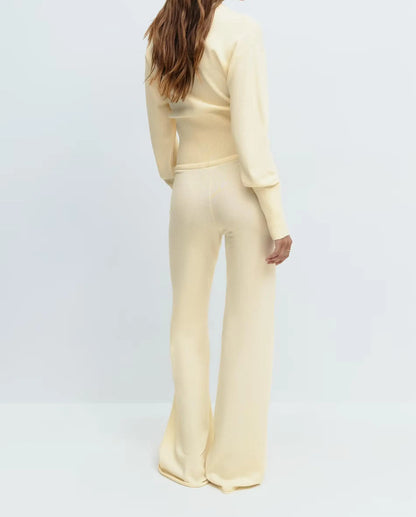 Korean Style Lazy Style Knit Sweater Suit Autumn And Winter New Zipper Loose Knitted Wide-Leg Pants Two-Piece Set For Women