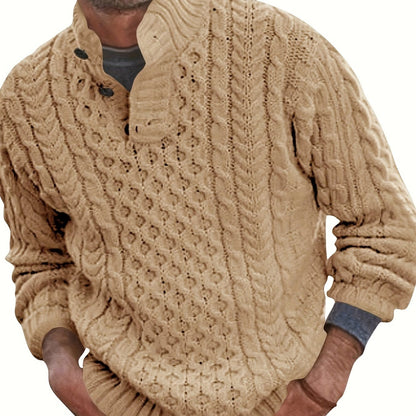 Chunky Stand Collar Pullover Sweater - Men's Winter Fashion Cable Knitted Thermal Sweaters with Buttons and Twisted Design - Cozy and Warm for Cold Weather