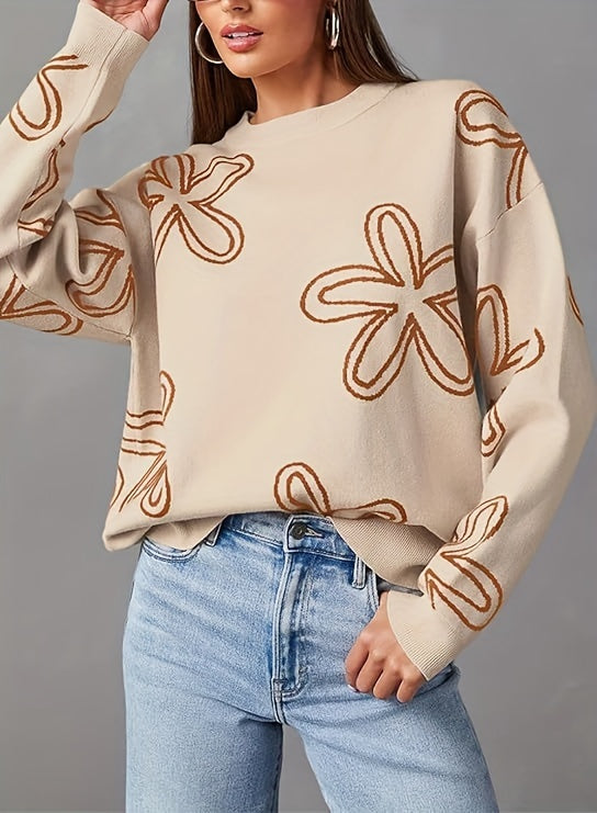 Long Sleeve Floral Print Cable Knit Casual Crewneck Sweaters For Women Pullover Sweater Tops