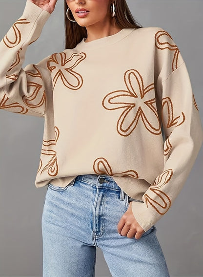 Long Sleeve Floral Print Cable Knit Casual Crewneck Sweaters For Women Pullover Sweater Tops