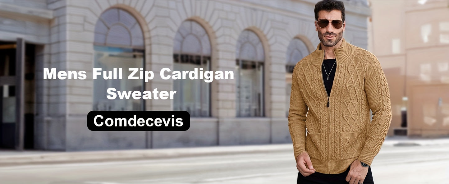 Men's Cardigan Sweaters Full Zip Up Sweater Solid Color Cable Knit Zipper Sweater Men Jackets