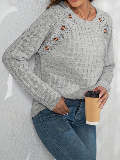 Women's Elegant 3D Bow Button Detail Sweater - Soft Long Sleeve Round Neck Pullover, Solid Color Regular Fit Fall Winter Cozy Top, Cute Sweaters