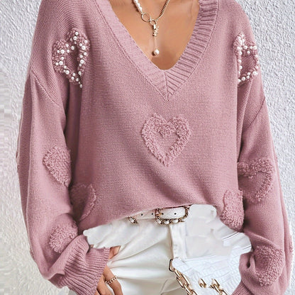 Elegant Women's V-Neck Knit Sweater with Heart Cut-Out Detail - Casual Long Sleeve Pullover, Lightweight Polyester, Perfect for All Seasons, Plus Size Sweaters