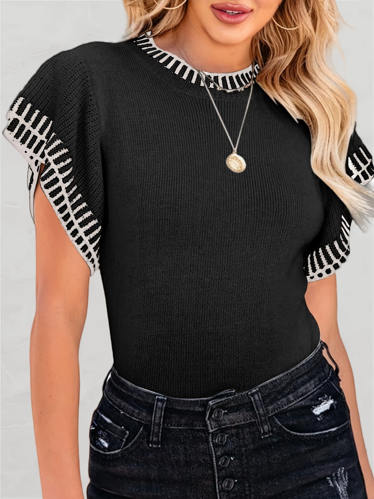 Womens Short Sleeve Sweaters Tops Summer Ruffle Striped Loose Crew Neck Lightweight Soft Shirts Knit Sweater