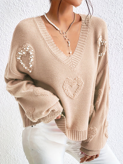 Elegant Women's V-Neck Knit Sweater with Heart Cut-Out Detail - Casual Long Sleeve Pullover, Lightweight Polyester, Perfect for All Seasons, Plus Size Sweaters