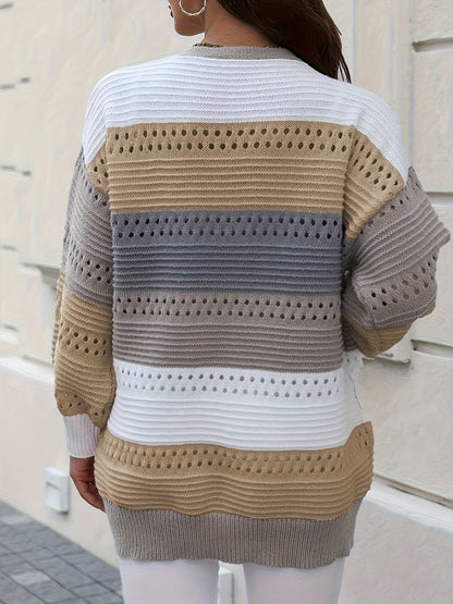 Casual Autumn Wear| Women's Plus Size Color Block Open Front Cardigan - Casual V-Neck, Eyelet Detail, Long Sleeve, Knit Sweater - Machine Washable, Polyester - Ideal for Fall/Winter, Fall Sweaters