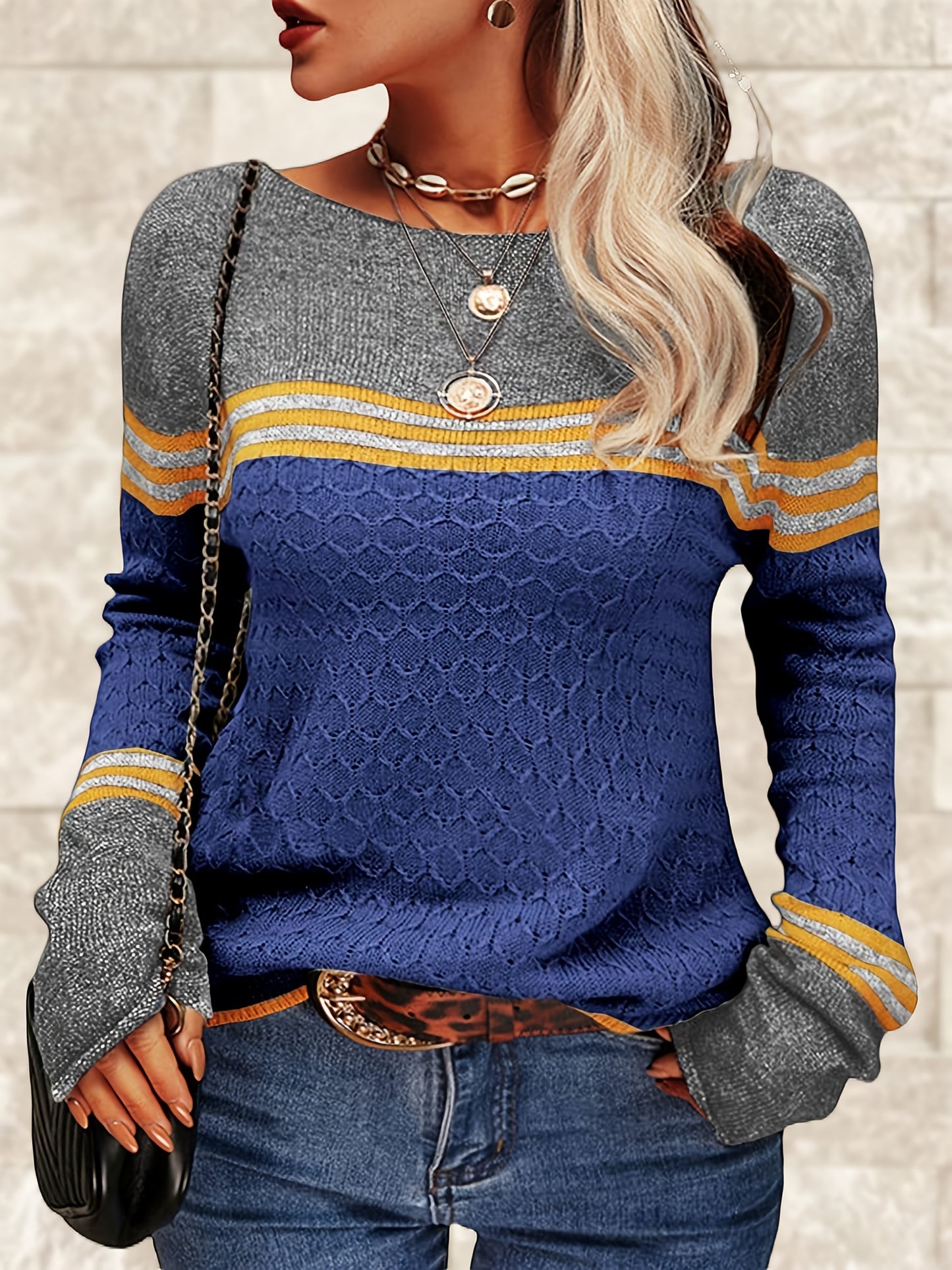 Women Autumn Winter Colorblock Pullover Sweaters Round Neck Striped Slim Fitting Knitwear Tops