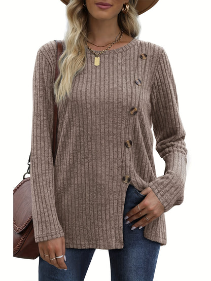 Women's Long Sleeve Crew Neck Tunic Tops Buttons Side Pullover Sweaters Fall Winter
