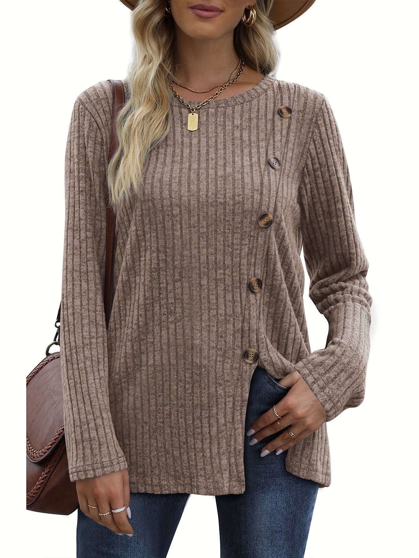 Women's Long Sleeve Crew Neck Tunic Tops Buttons Side Pullover Sweaters Fall Winter